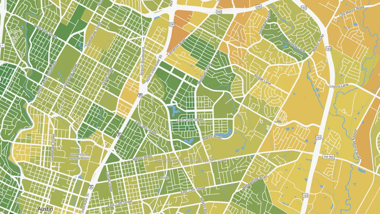 Map of the best neighborhoods in the Rmma, Austin area, with better matches in green and worse matches in red