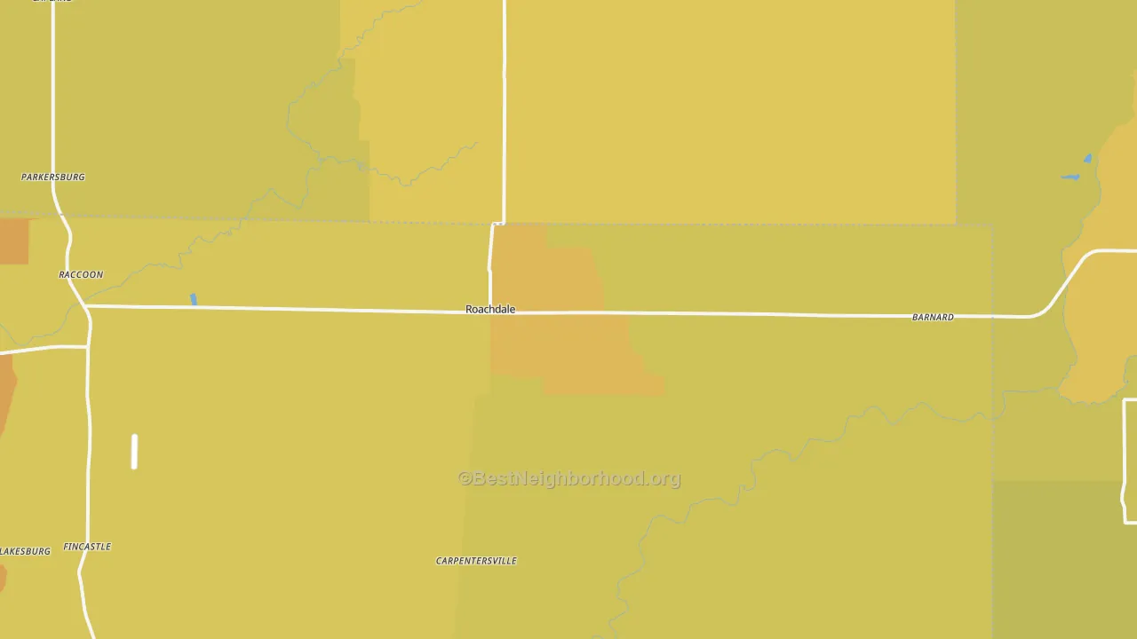 Map of the best neighborhoods in the Roachdale area, with better matches in green and worse matches in red