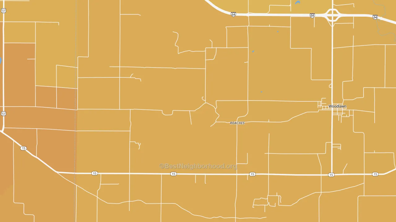 Map of the best neighborhoods in the Roaches area, with better matches in green and worse matches in red