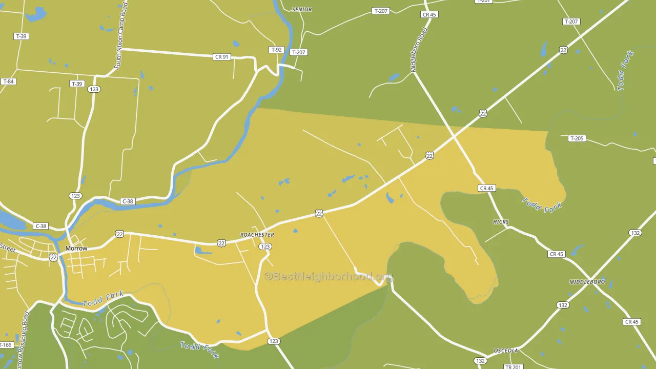 Map of the best neighborhoods in the Roachester area, with better matches in green and worse matches in red