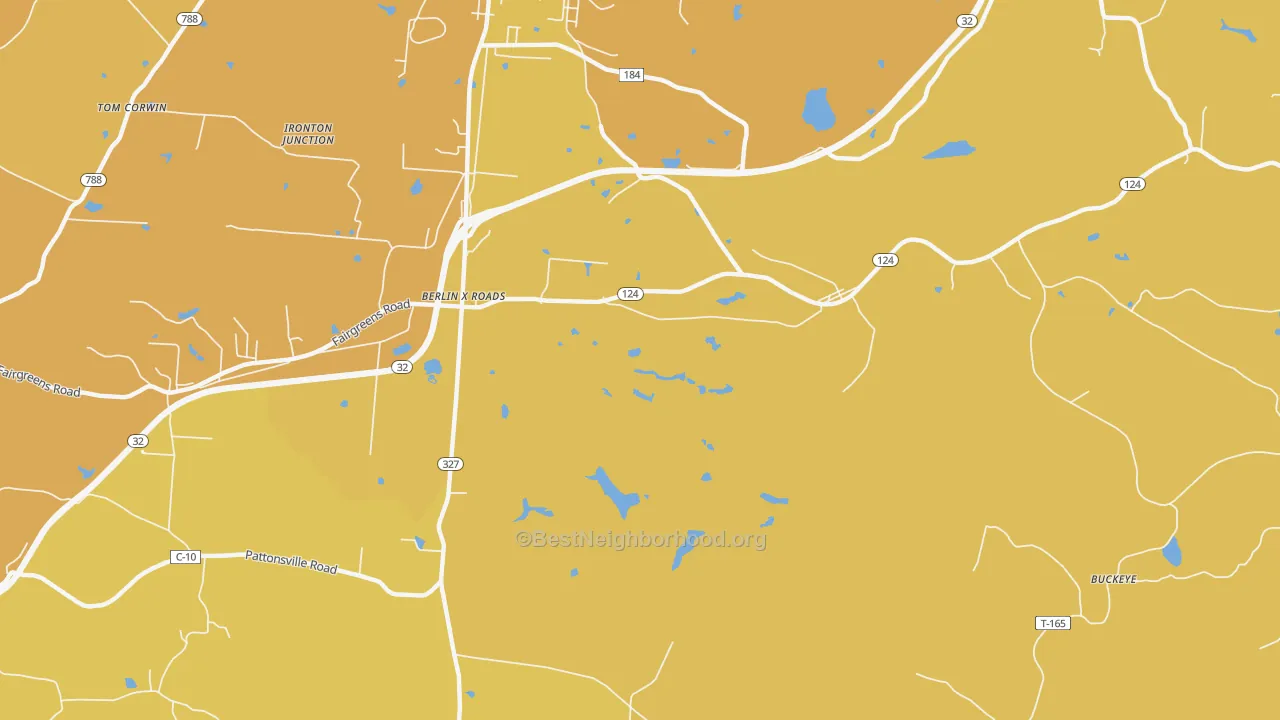 Map of the best neighborhoods in the Roads area, with better matches in green and worse matches in red