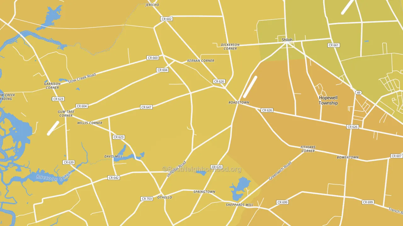 Map of the best neighborhoods in the Roadstown area, with better matches in green and worse matches in red
