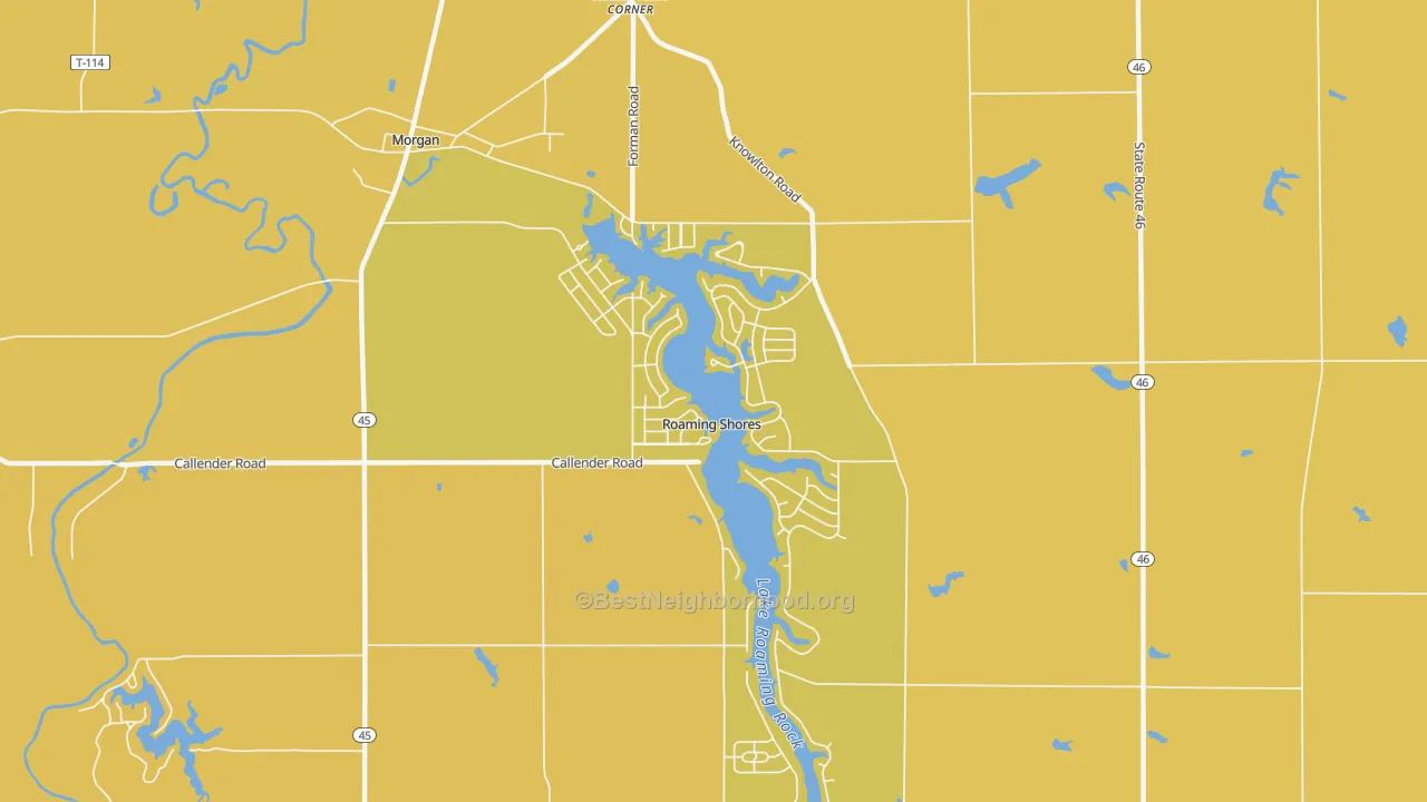 Map of the best neighborhoods in the Roaming Shores area, with better matches in green and worse matches in red