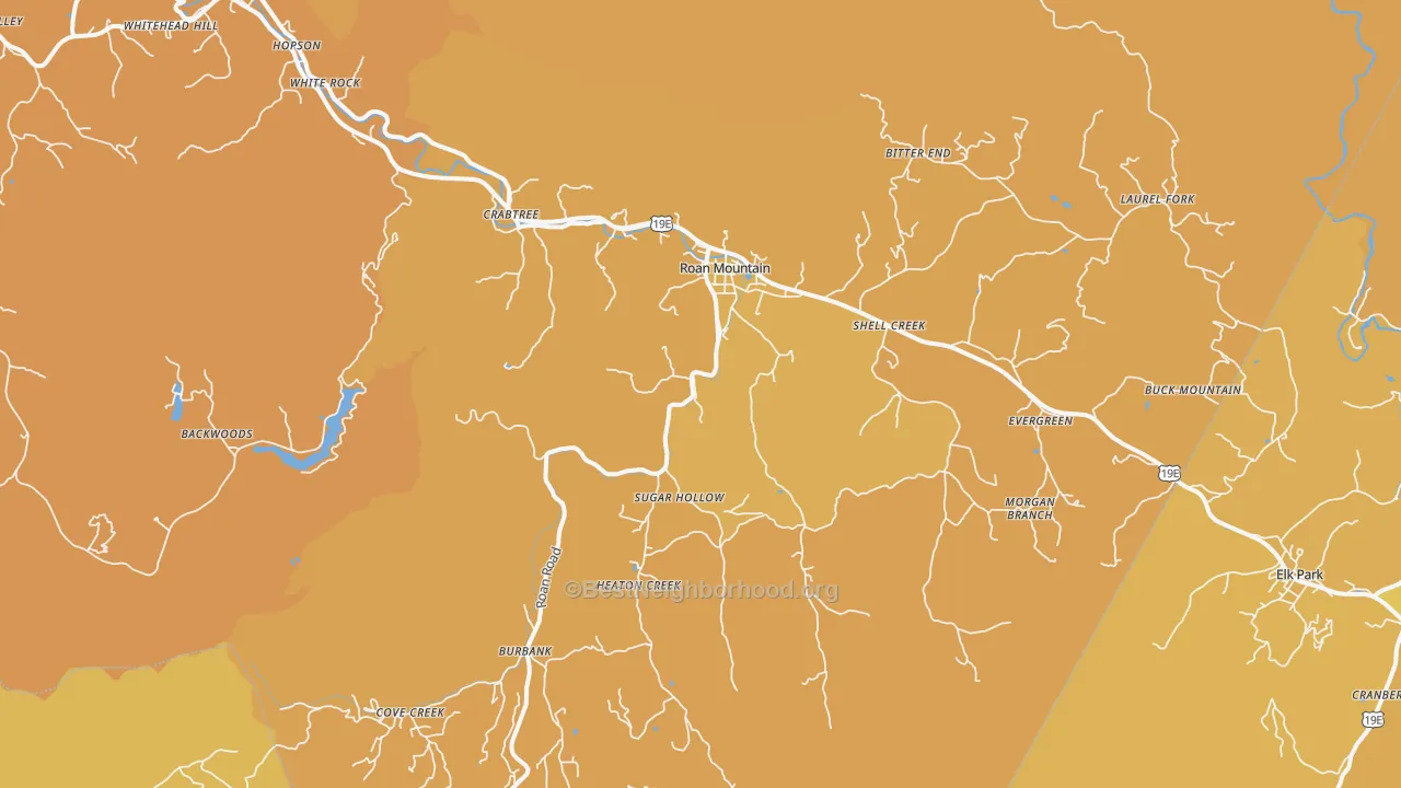Map of the best neighborhoods in the Roan Mountain area, with better matches in green and worse matches in red
