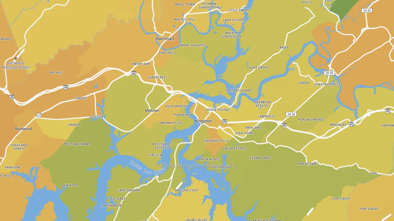 Map of the best neighborhoods in the Roane County area, with better matches in green and worse matches in red