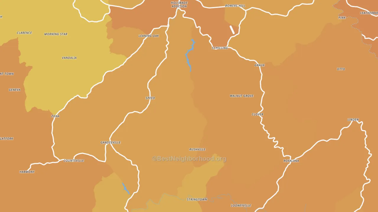 Map of the best neighborhoods in the Roane County area, with better matches in green and worse matches in red