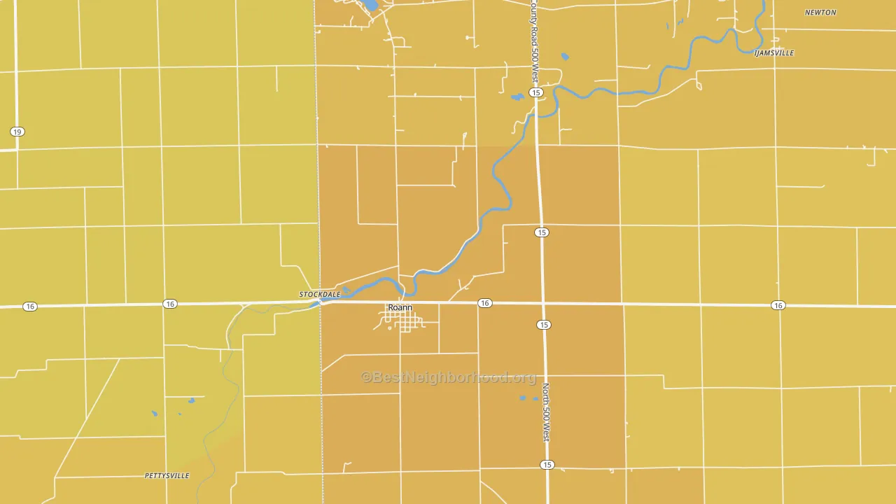 Map of the best neighborhoods in the Roann area, with better matches in green and worse matches in red