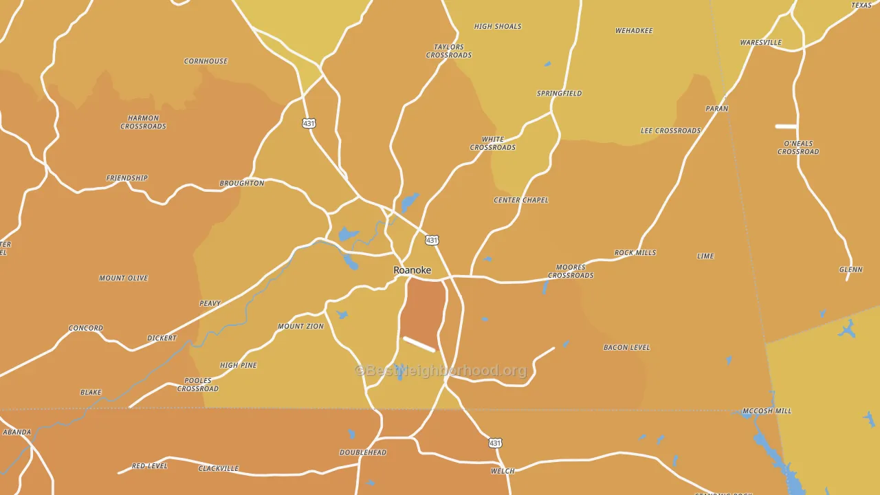 Map of the best neighborhoods in the Roanoke area, with better matches in green and worse matches in red