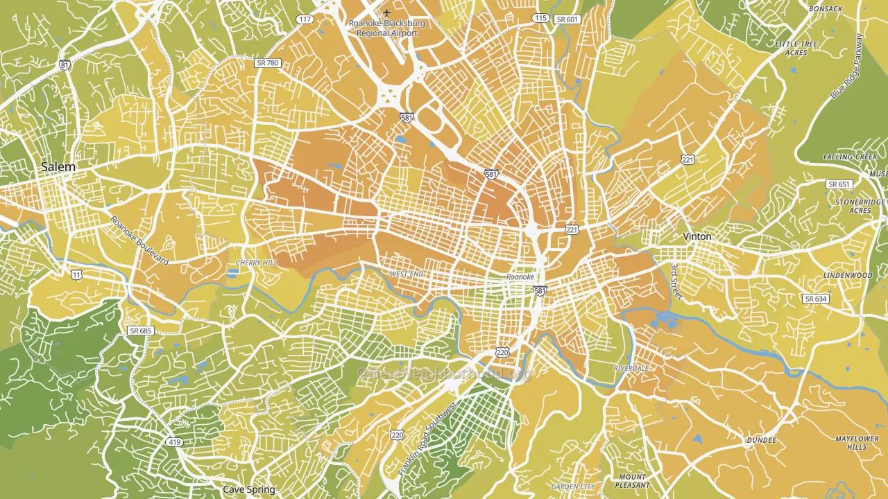 Map of the best neighborhoods in the Roanoke City area, with better matches in green and worse matches in red