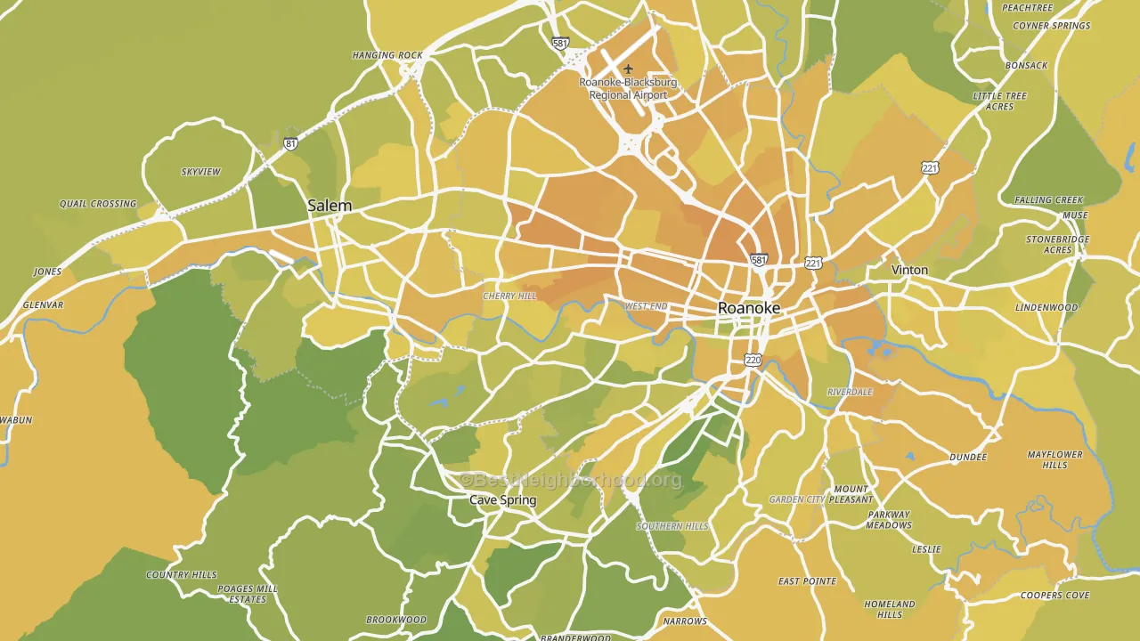 Map of the best neighborhoods in the Roanoke County area, with better matches in green and worse matches in red