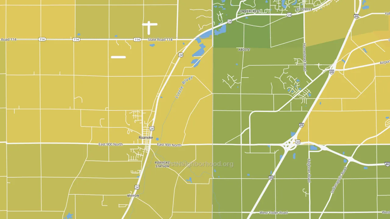 Map of the best neighborhoods in the Roanoke area, with better matches in green and worse matches in red
