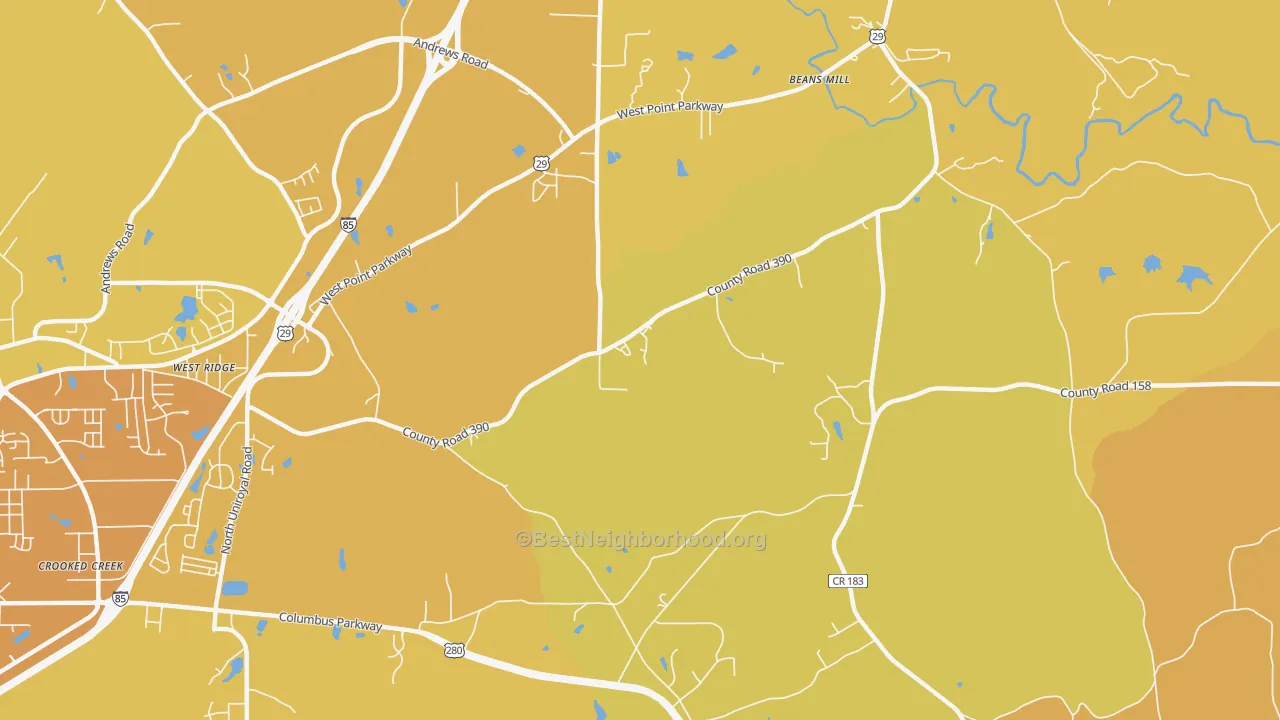 Map of the best neighborhoods in the Roanoke Junction area, with better matches in green and worse matches in red