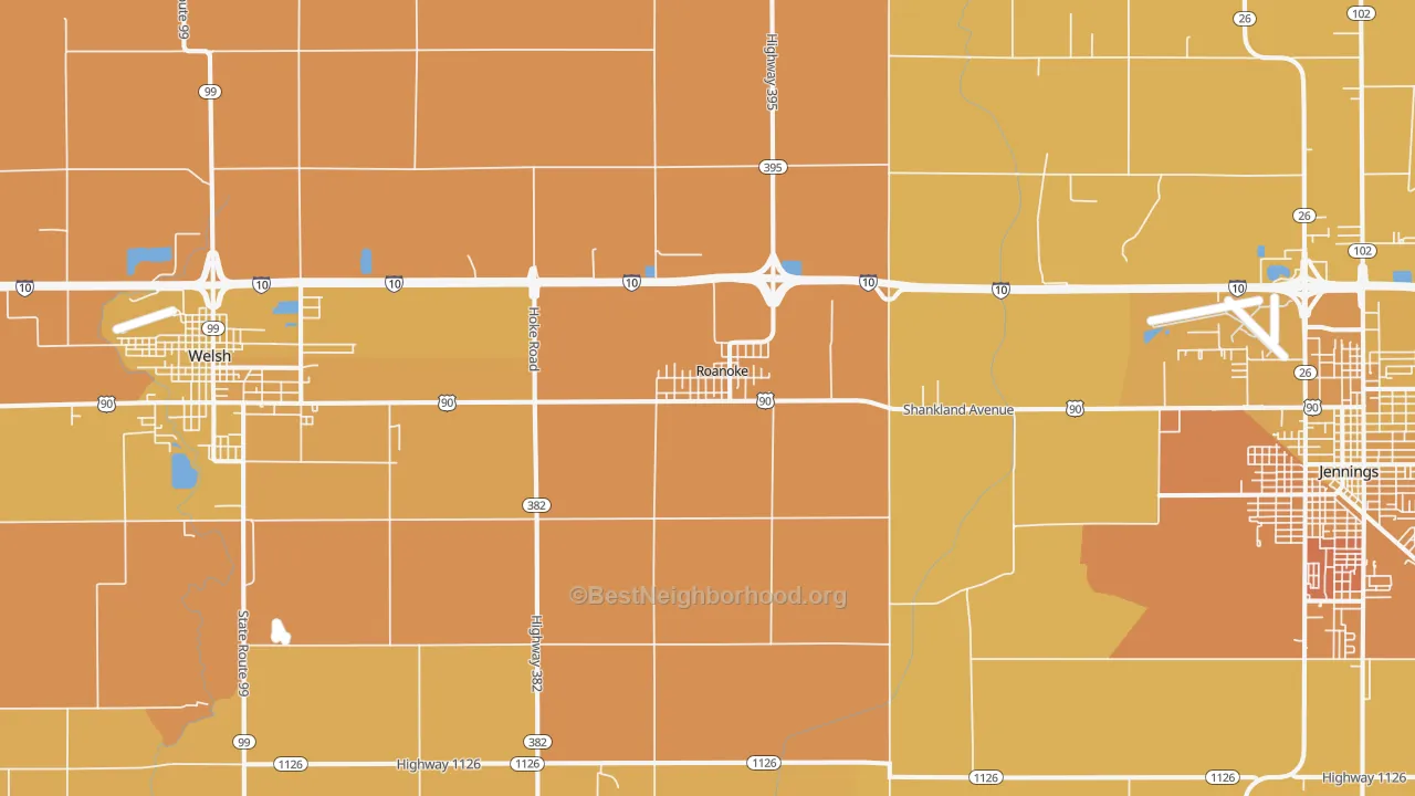 Map of the best neighborhoods in the Roanoke area, with better matches in green and worse matches in red