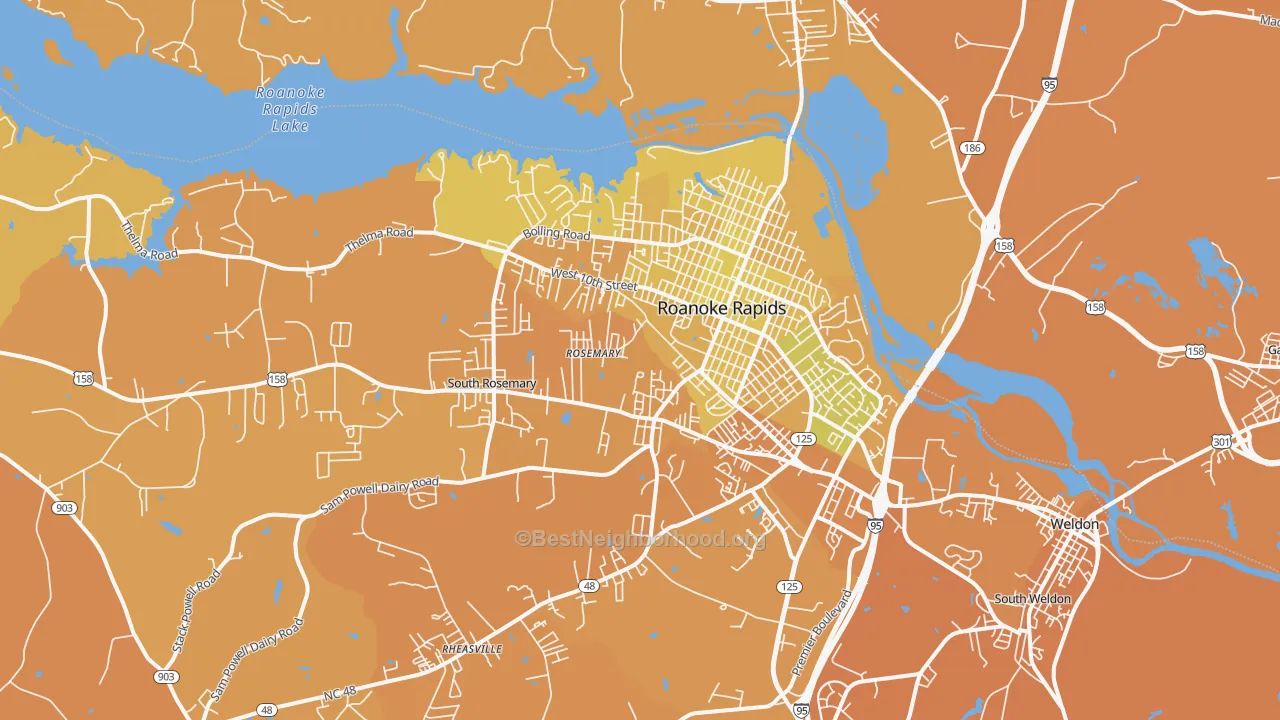 Map of the best neighborhoods in the Roanoke Rapids area, with better matches in green and worse matches in red