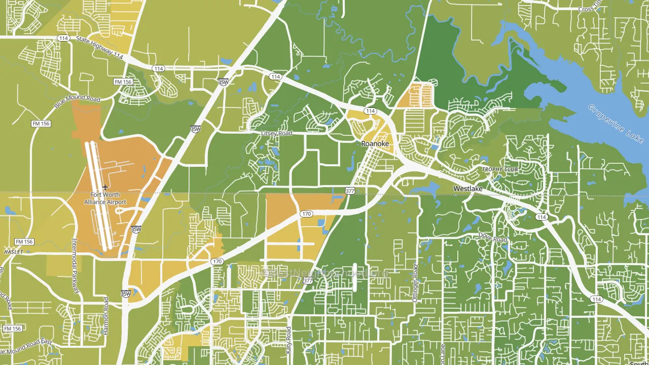 Map of the best neighborhoods in the Roanoke area, with better matches in green and worse matches in red