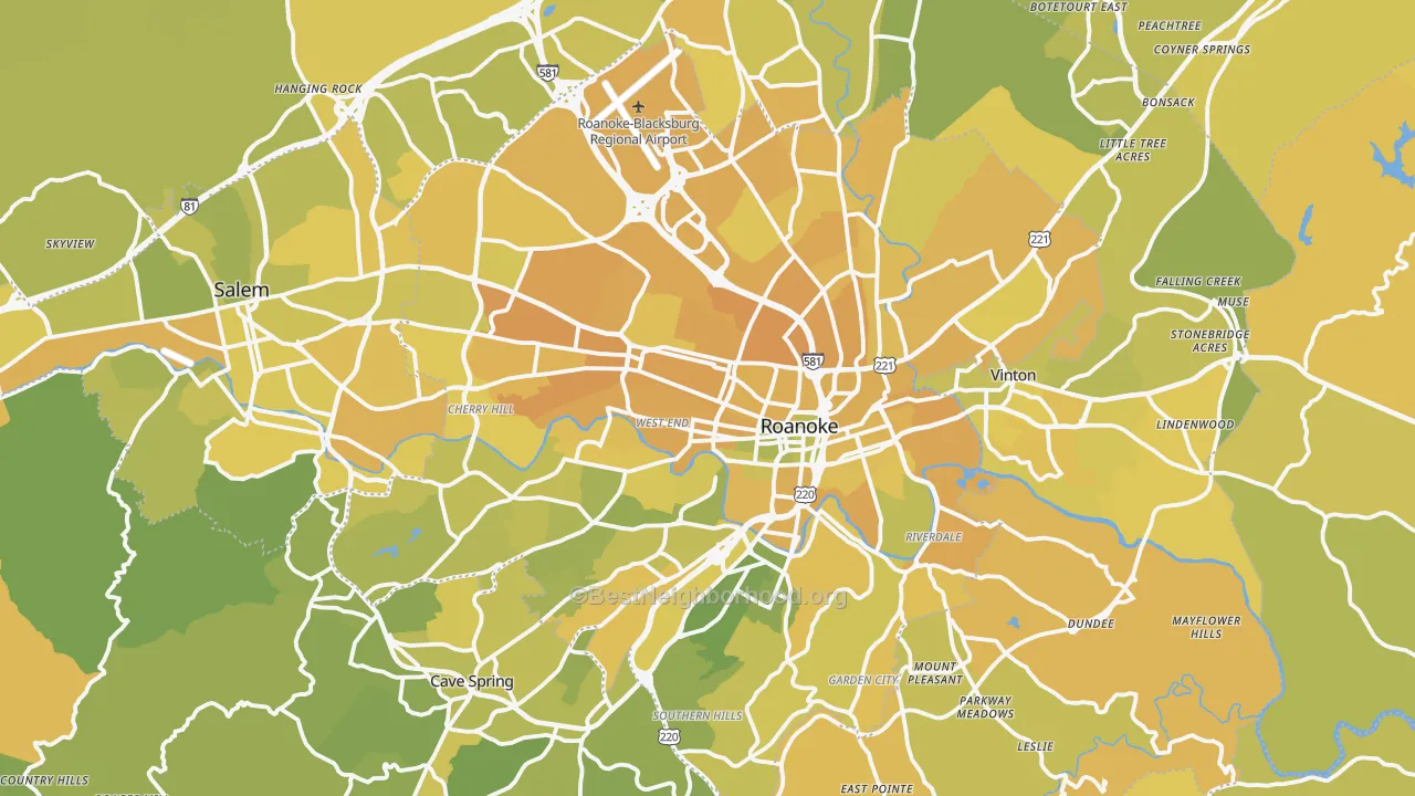 Map of the best neighborhoods in the Roanoke Metro area, with better matches in green and worse matches in red