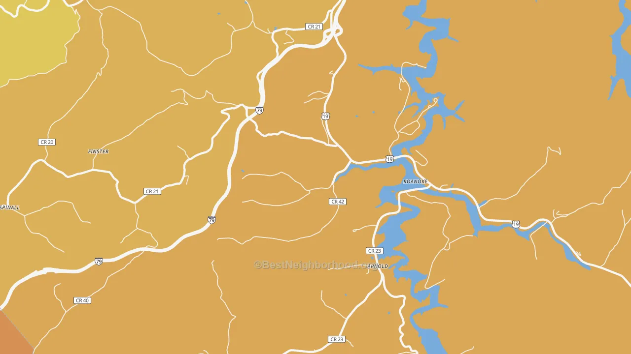 Map of the best neighborhoods in the Roanoke area, with better matches in green and worse matches in red