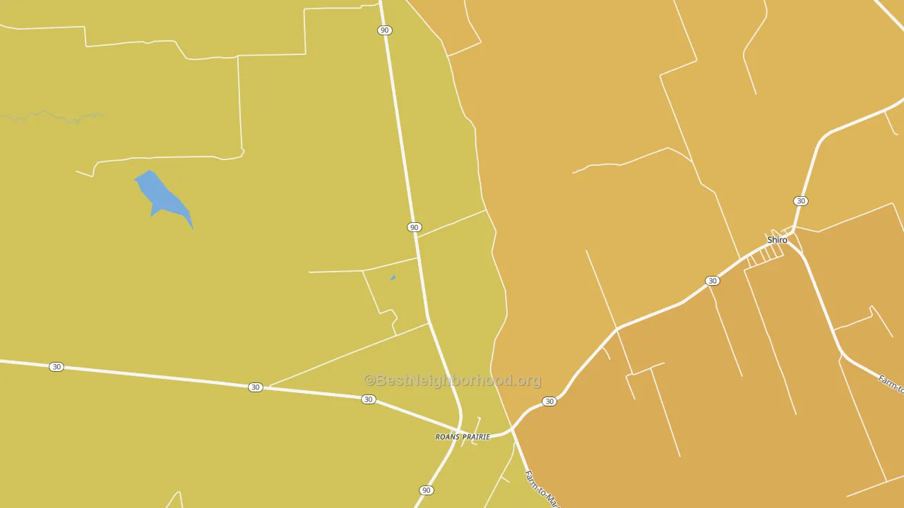 Map of the best neighborhoods in the Roans Prairie area, with better matches in green and worse matches in red