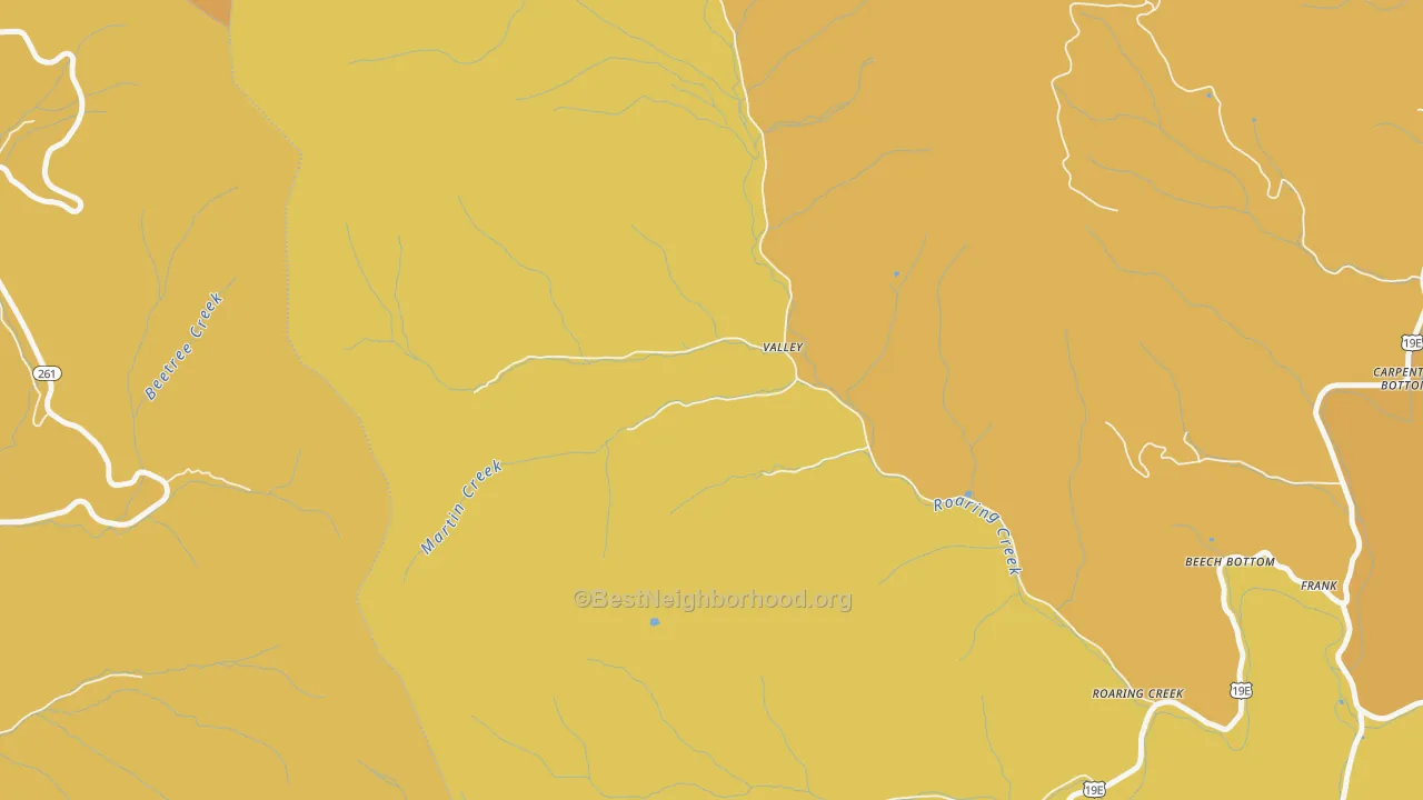 Map of the best neighborhoods in the Roaring Creek area, with better matches in green and worse matches in red