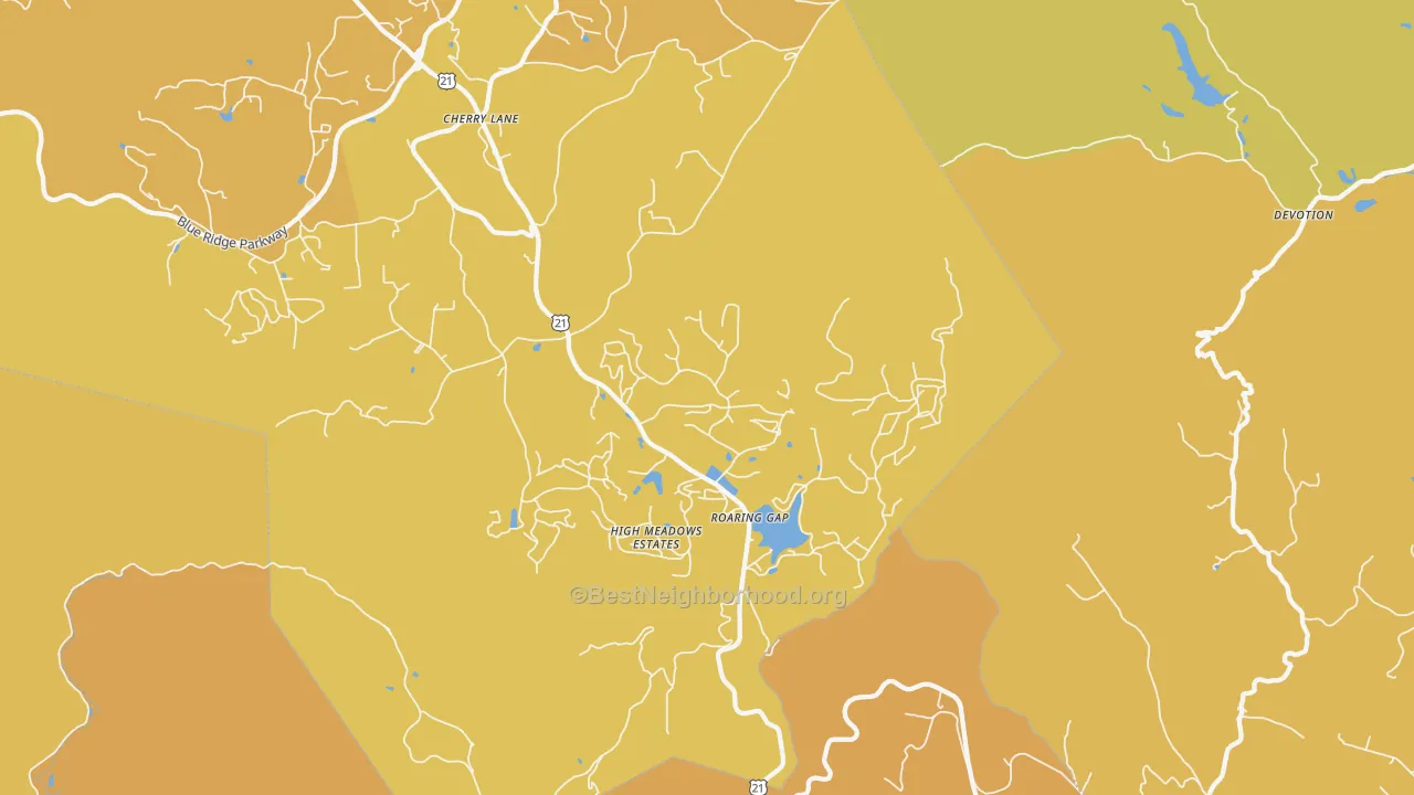Map of the best neighborhoods in the Roaring Gap area, with better matches in green and worse matches in red