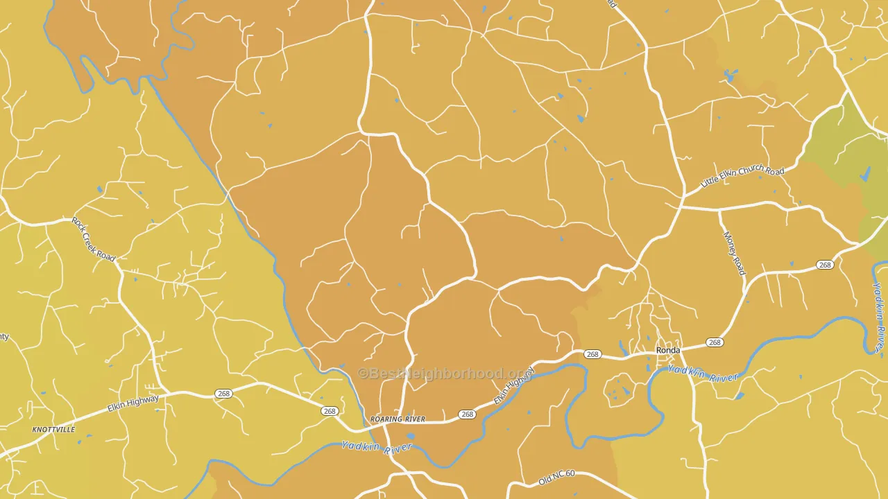 Map of the best neighborhoods in the Roaring River area, with better matches in green and worse matches in red