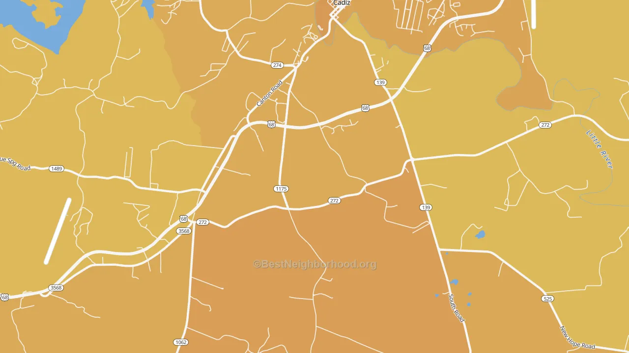Map of the best neighborhoods in the Roaring Spring area, with better matches in green and worse matches in red