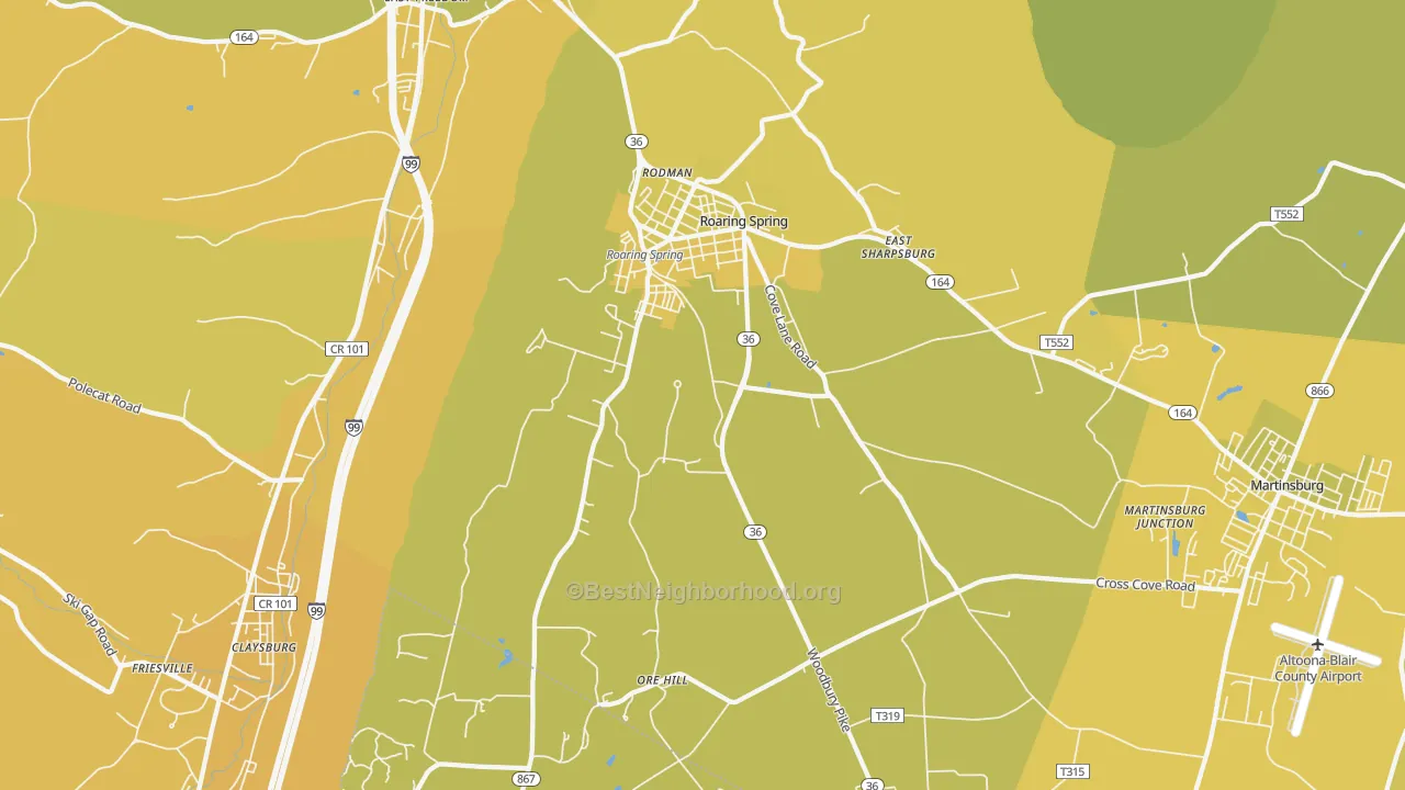 Map of the best neighborhoods in the Roaring Spring area, with better matches in green and worse matches in red