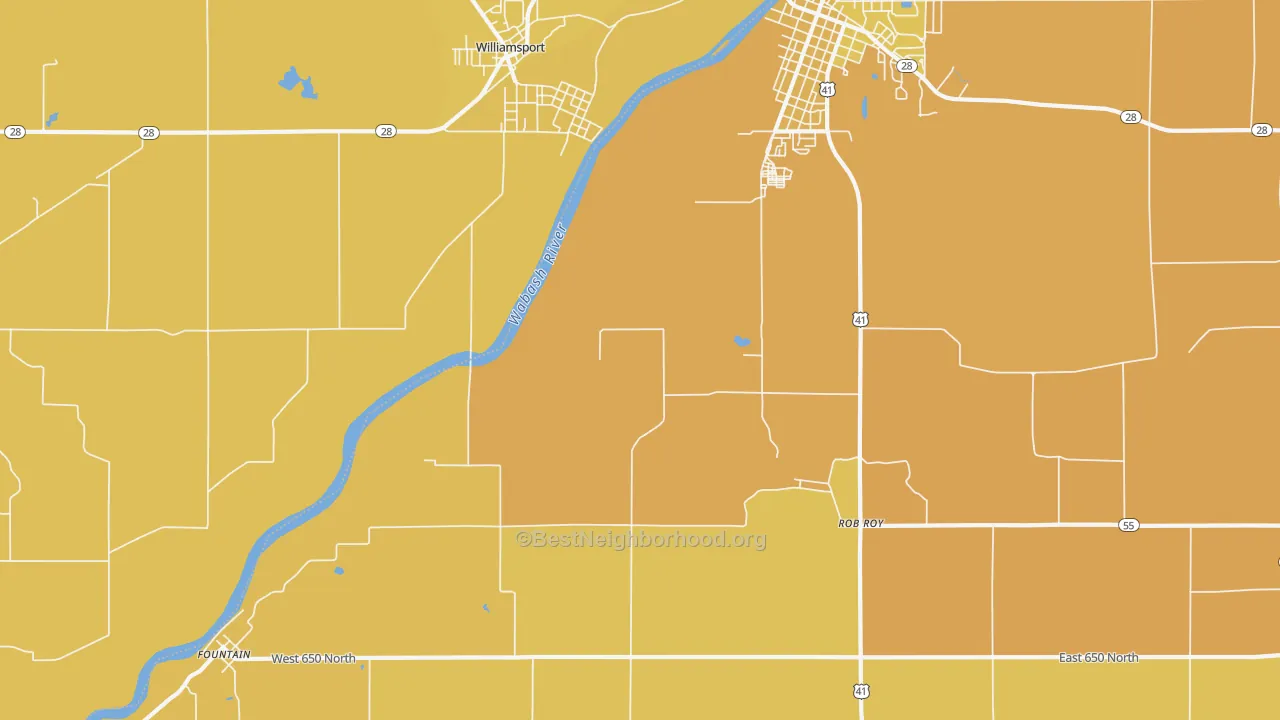 Map of the best neighborhoods in the Rob Roy area, with better matches in green and worse matches in red