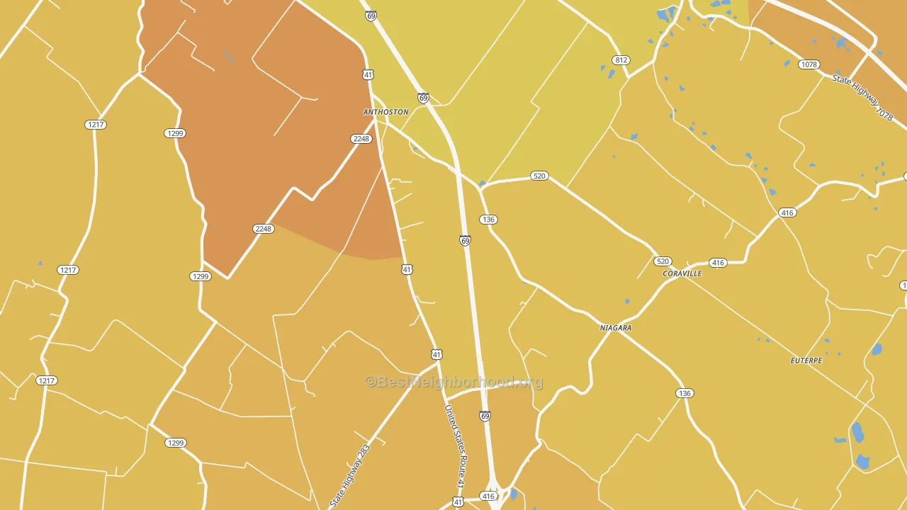 Map of the best neighborhoods in the Robards area, with better matches in green and worse matches in red