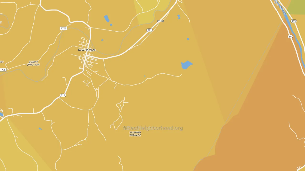 Map of the best neighborhoods in the Robb area, with better matches in green and worse matches in red