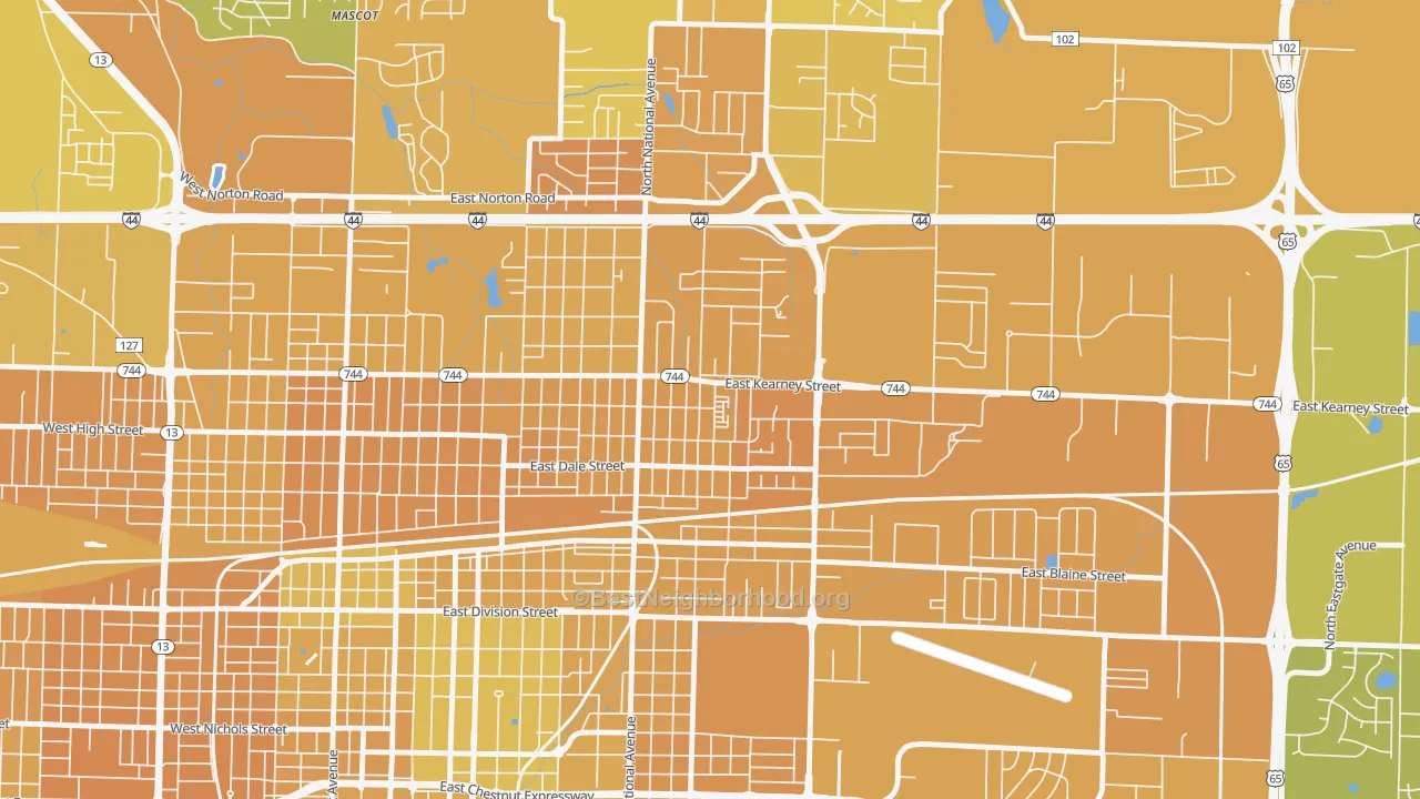 Map of the best neighborhoods in the Robberson, Springfield area, with better matches in green and worse matches in red