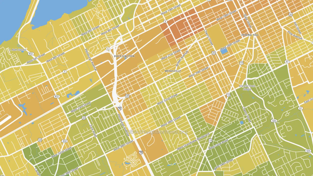 Map of the best neighborhoods in the Robbins Blass, Erie area, with better matches in green and worse matches in red