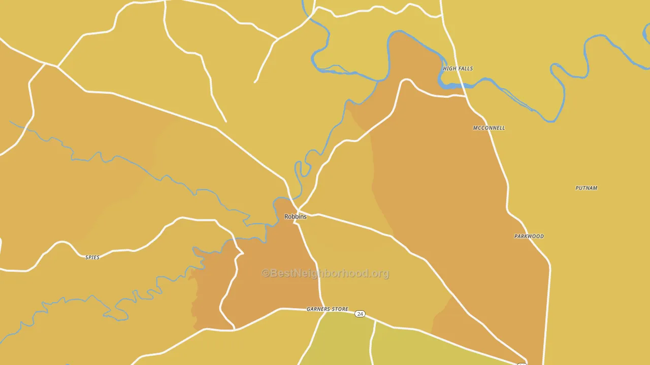 Map of the best neighborhoods in the Robbins area, with better matches in green and worse matches in red