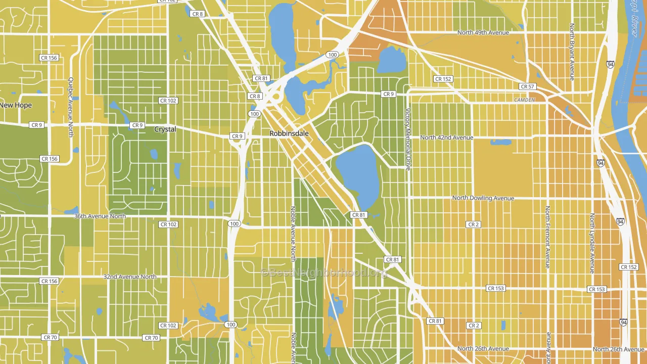 Map of the best neighborhoods in the Robbinsdale area, with better matches in green and worse matches in red