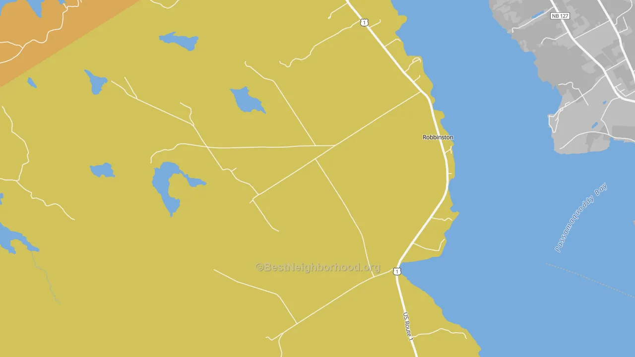 Map of the best neighborhoods in the Robbinston area, with better matches in green and worse matches in red