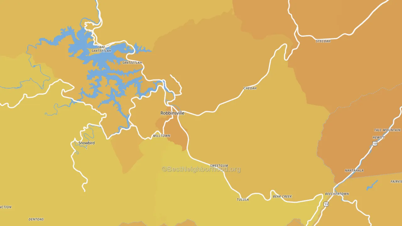 Map of the best neighborhoods in the Robbinsville area, with better matches in green and worse matches in red