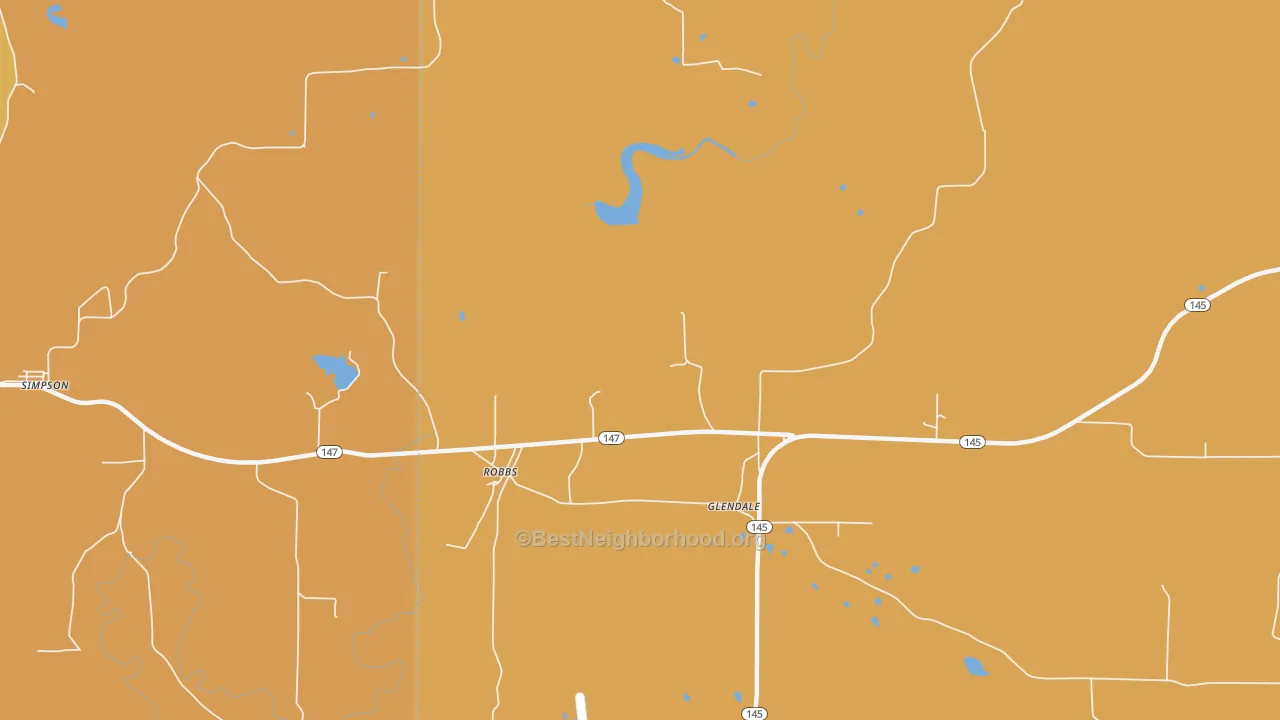 Map of the best neighborhoods in the Robbs area, with better matches in green and worse matches in red
