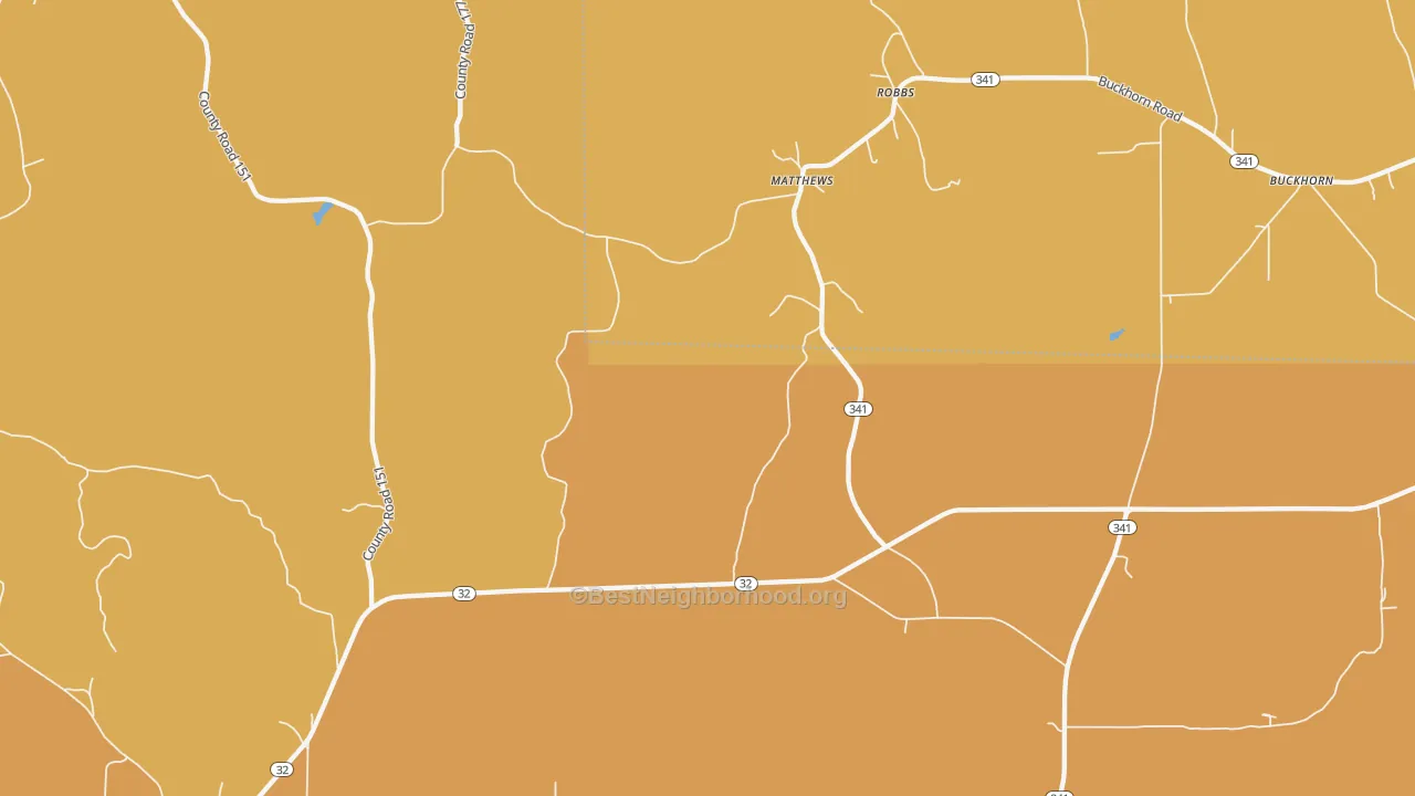 Map of the best neighborhoods in the Robbs area, with better matches in green and worse matches in red