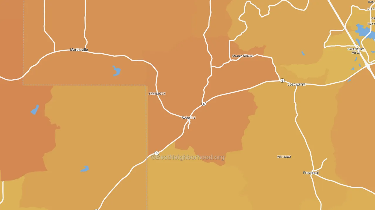 Map of the best neighborhoods in the Robeline area, with better matches in green and worse matches in red