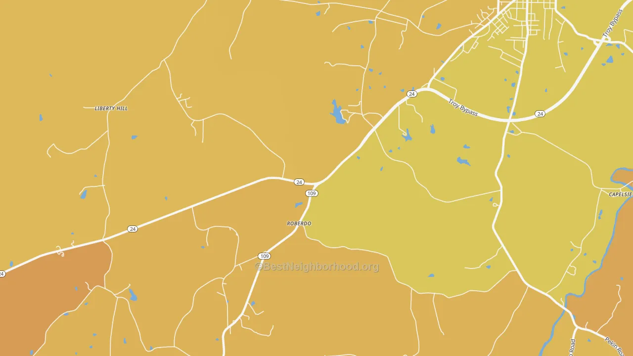 Map of the best neighborhoods in the Roberdo area, with better matches in green and worse matches in red