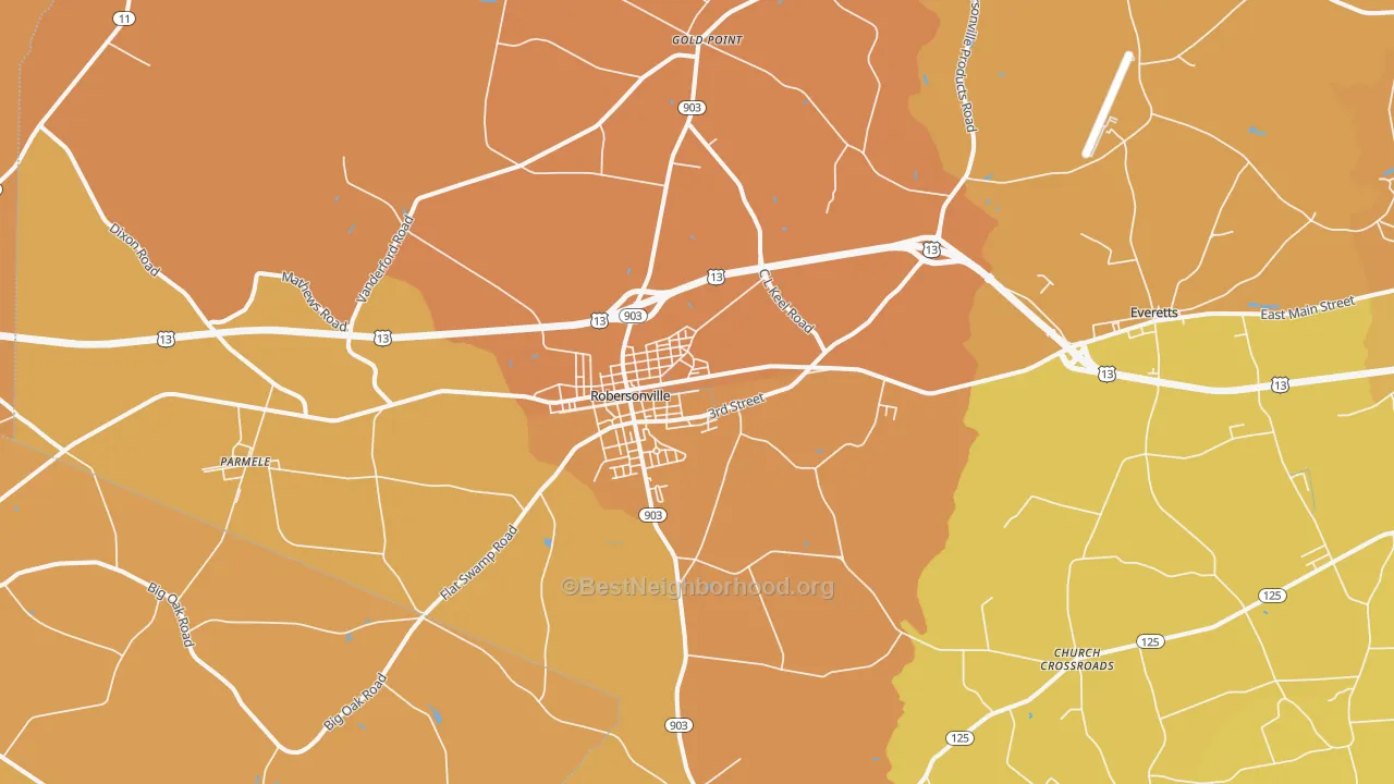 Map of the best neighborhoods in the Robersonville area, with better matches in green and worse matches in red