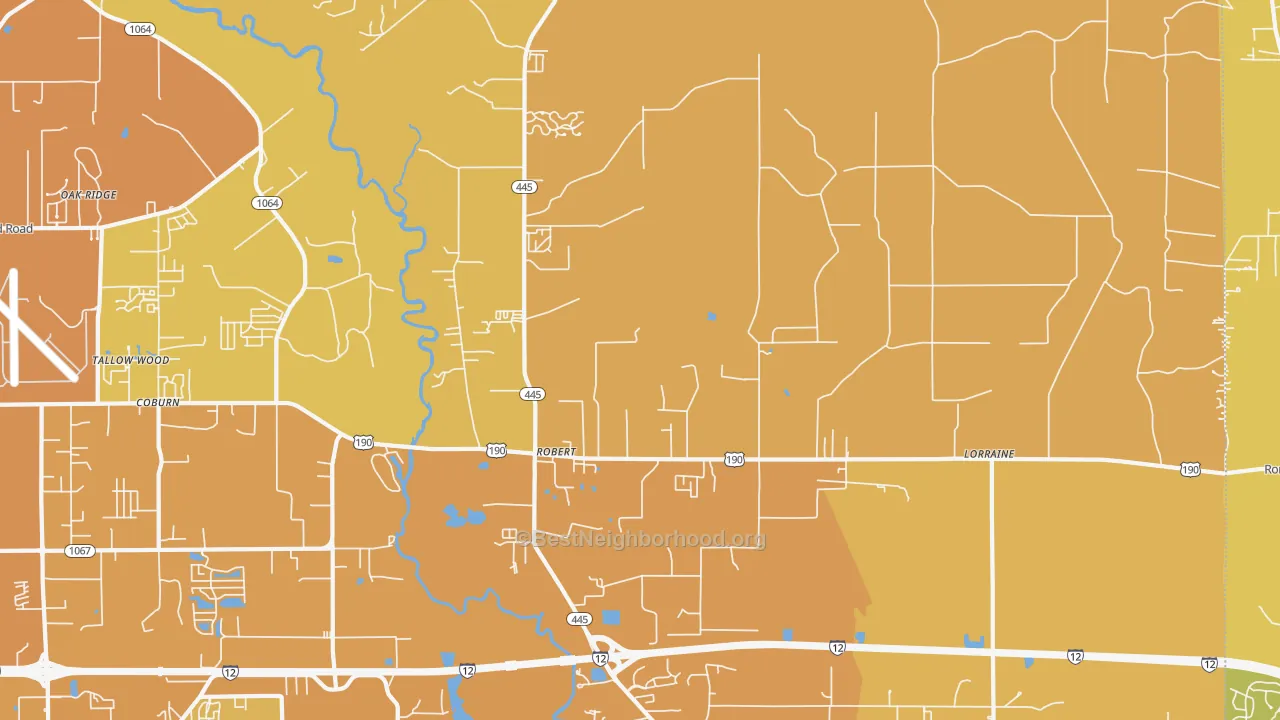 Map of the best neighborhoods in the Robert area, with better matches in green and worse matches in red