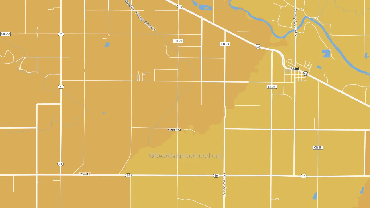 Map of the best neighborhoods in the Roberta area, with better matches in green and worse matches in red
