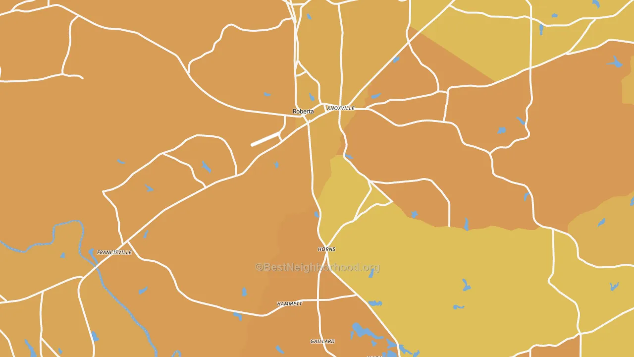 Map of the best neighborhoods in the Roberta area, with better matches in green and worse matches in red