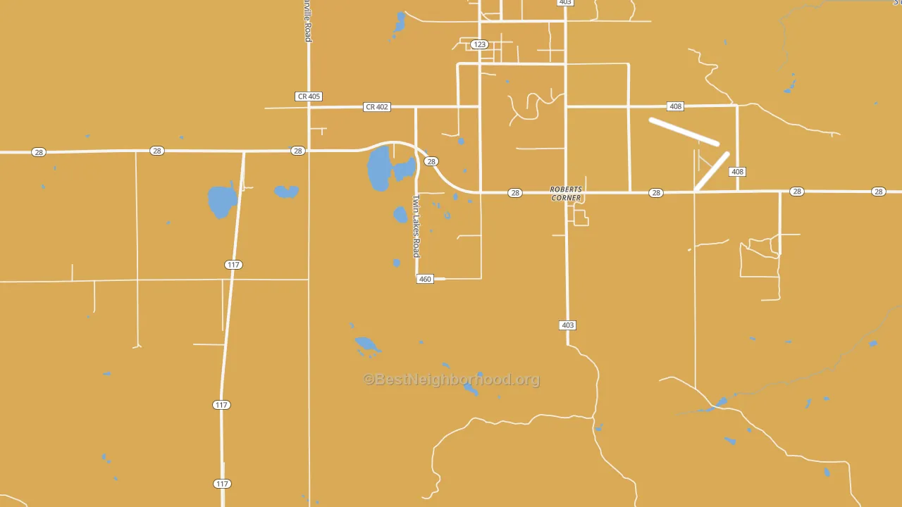 Map of the best neighborhoods in the Roberts Corners area, with better matches in green and worse matches in red