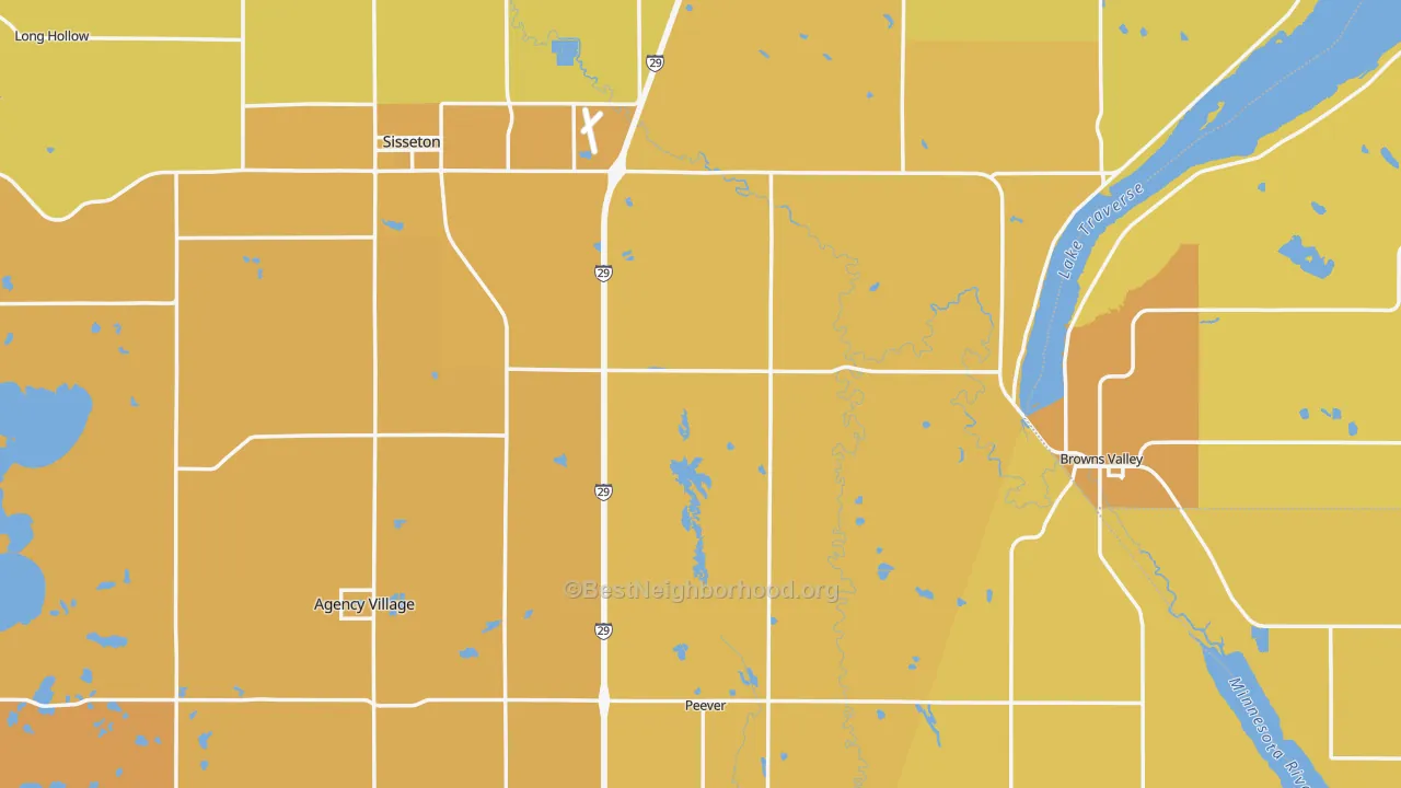 Map of the best neighborhoods in the Roberts County area, with better matches in green and worse matches in red