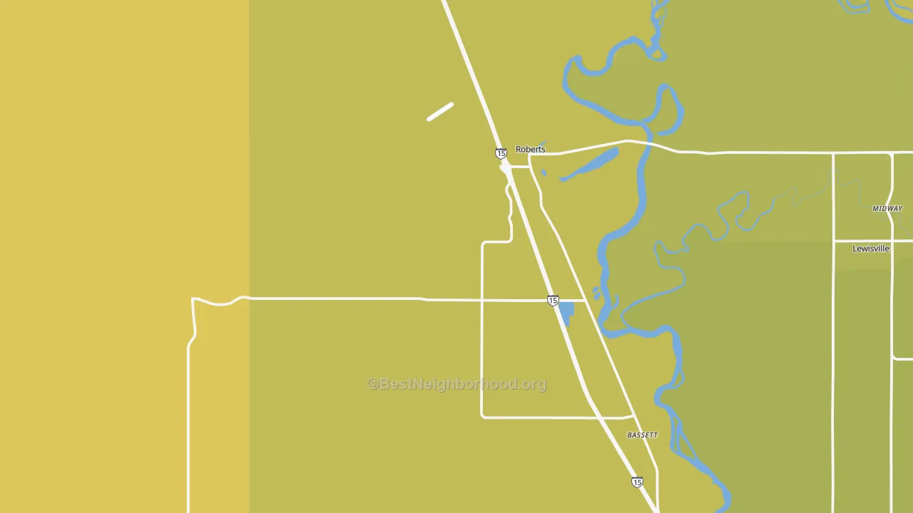 Map of the best neighborhoods in the Roberts area, with better matches in green and worse matches in red