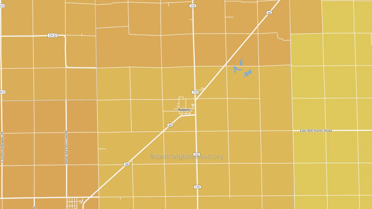 Map of the best neighborhoods in the Roberts area, with better matches in green and worse matches in red