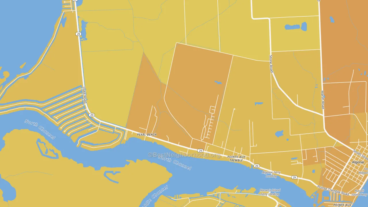 Map of the best neighborhoods in the Roberts Landing area, with better matches in green and worse matches in red