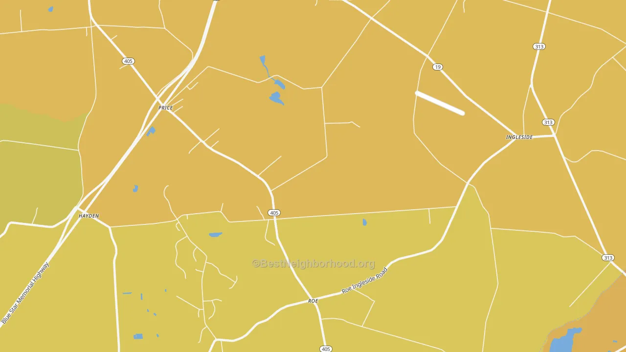 Map of the best neighborhoods in the Roberts area, with better matches in green and worse matches in red
